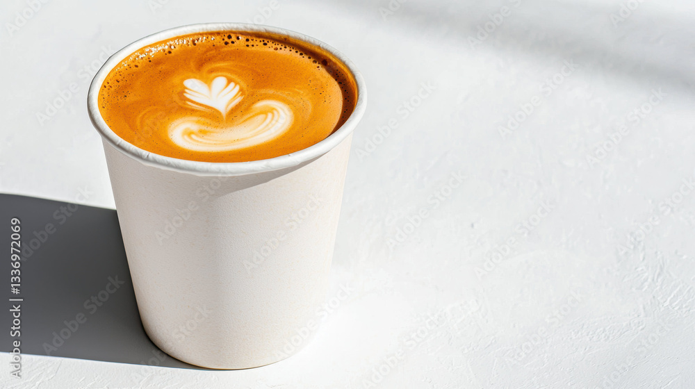 Poster frothy latte in paper cup casts subtle shadow, creating warm and inviting atmosphere