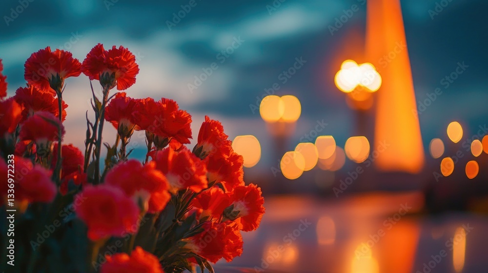 Poster a bouquet of red flowers sits on a table, great for adding color to any scene