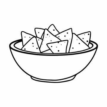 recommend clip art: line art icon depict a bowl of tortilla chips. The chips are stacked in the center of the bowl, isolated on white background