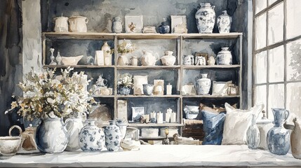 Shelves filled with delicate porcelain and vintage decor create a cozy atmosphere in a well-lit room. Soft floral arrangements complement the ceramic collection