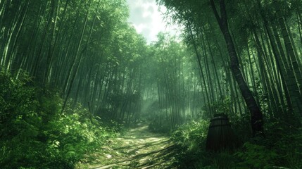 Obraz premium Serene Bamboo Forest Path: A Journey Through Lush Greenery