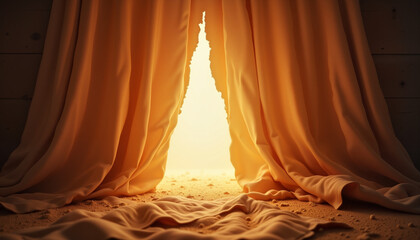 Torn veil illuminated by glowing light, representing Jesus' death