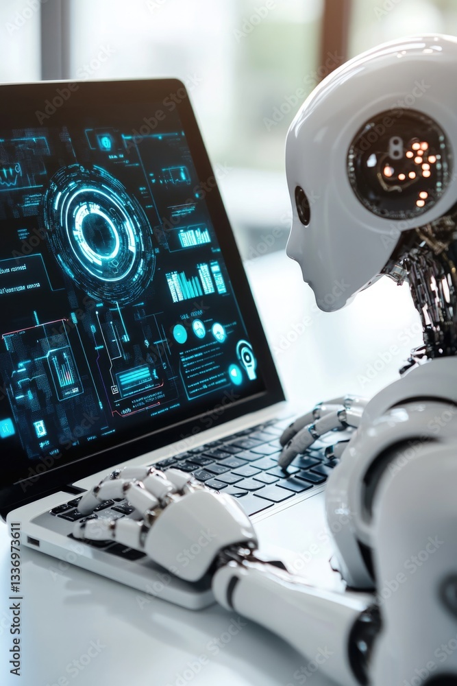 Poster a robot sitting at a desk with a laptop, possibly working or learning
