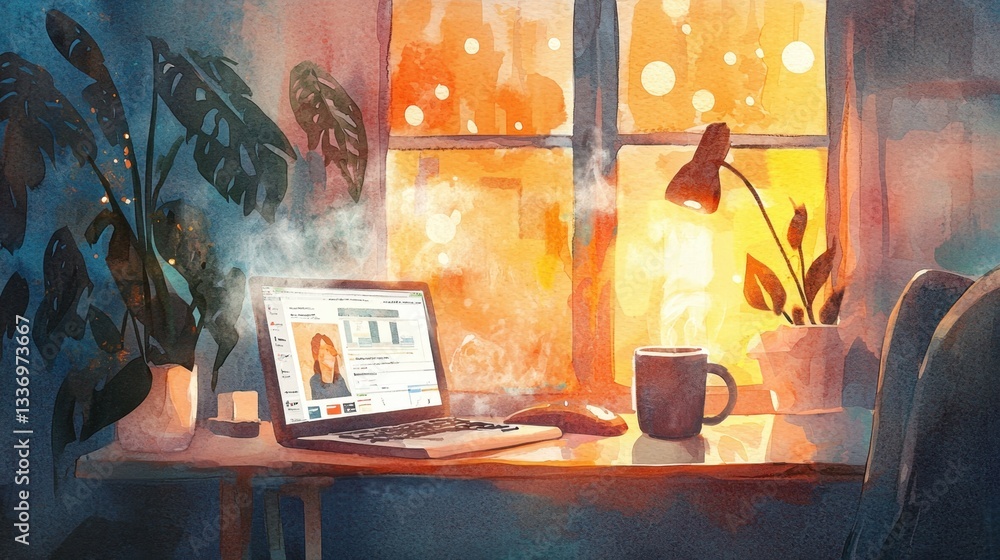 Poster warm light filters through a window, illuminating a laptop on a desk alongside a steaming mug and in