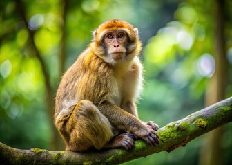 Obraz premium Barbary Ape in German Park: Bokeh Nature Photo - Brown Monkey on Tree