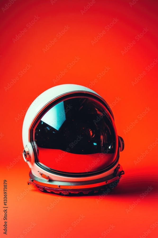 Poster close-up of an astronaut's helmet on a bright red background