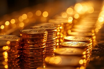 Gold coins are stacked in neat columns with soft lighting effects