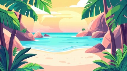 Naklejka premium Tranquil Sunset Beach Scene Palm Trees Rocks and Ocean