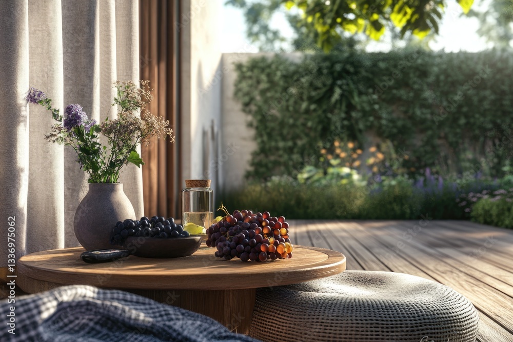 Poster fresh grapes and a bottle of wine arranged on a table