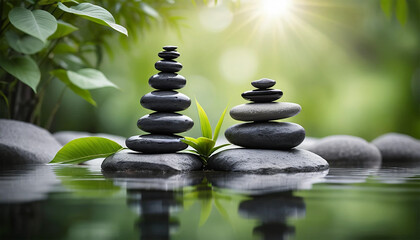 Stacked Stones and Water Reflection — Tranquil Spa Scene with Natural Light & Serenity