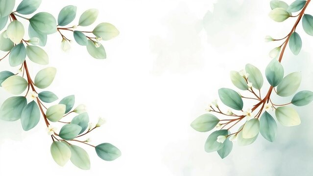 Rahmen aus Aquarell Eukalyptusbl&auml;ttern und kleinen wei&szlig;en Bl&uuml;ten auf hellem Hintergrund. Ideal f&uuml;r nat&uuml;rliche Designs und botanische Hintergr&uuml;nde