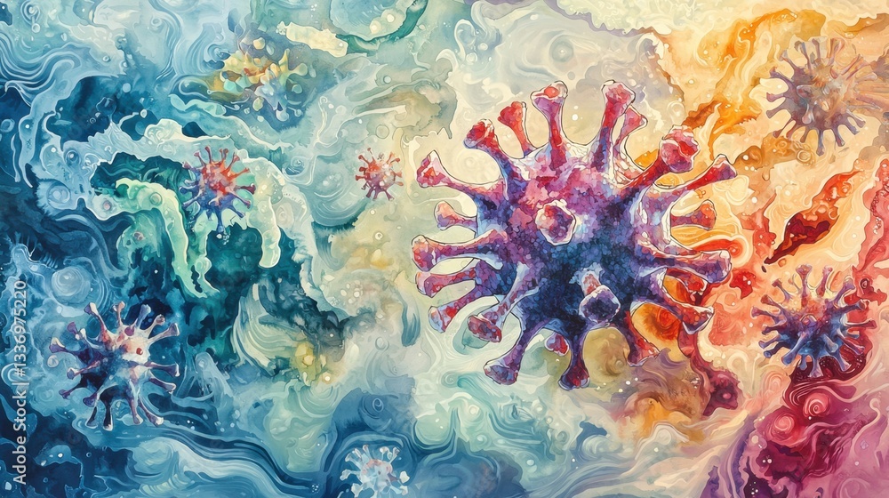 Poster an abstract composition shows a virus surrounded by vibrant colors and swirls. the artwork conveys a