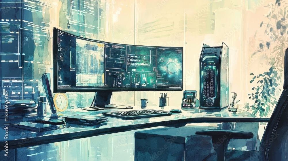 Poster a sleek, organized workspace is showcased with large curved monitors displaying data and graphics ag