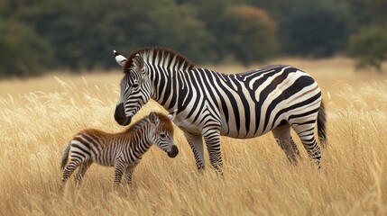 Obraz premium Zebra mother and foal in golden savanna grassland