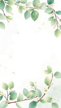 Rahmen aus Aquarell Eukalyptusbl&auml;ttern und kleinen wei&szlig;en Bl&uuml;ten auf hellem Hintergrund. Ideal f&uuml;r nat&uuml;rliche Designs und botanische Hintergr&uuml;nde