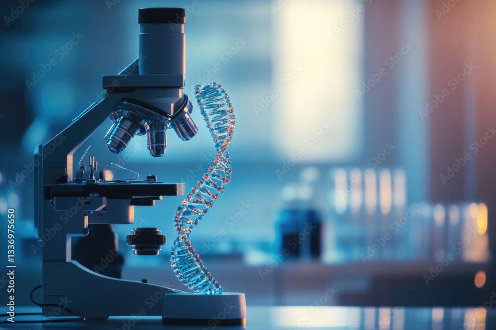 Aufkleber Close-up view of a microscope with a single strand of DNA displayed