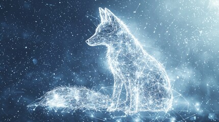 Cybernetic Digital Fox Sitting in a Sci-Fi Landscape Made of Glowing Blue Network Connections and AI Data