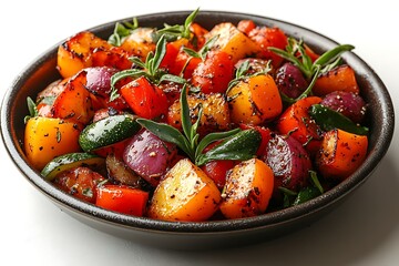 Delicious Grilled Vegetable Medley in a Dark Bowl - Roasted Peppers, Onions, and Zucchini