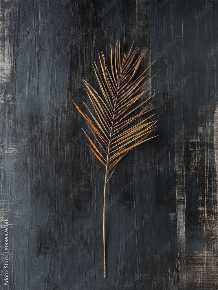 Poster a single palm leaf set against a dark background, perfect for use in designs needing a pop of tropic
