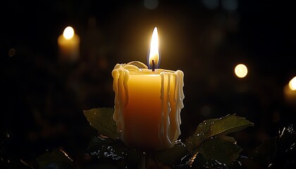 A lit candle surrounded by foliage with a warm glow