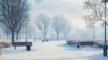 Serene Winter Park: Snowfall and Tranquility