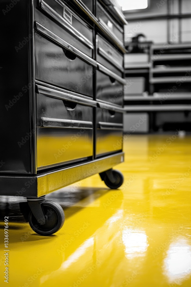 Poster a toolbox with black and yellow colors sitting on a bright yellow floor, suitable for use in diy pro