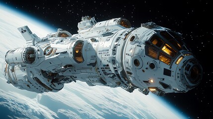 A futuristic spacecraft travels in space over a distant planet