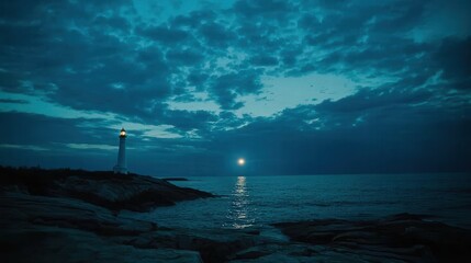 Fototapeta premium Serene Night Seascape Lighthouse Moonlit Ocean Rocky Coast