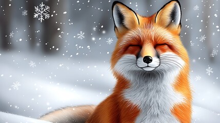 Fototapeta premium A smiling red fox enjoying the beauty of falling snowflakes outside