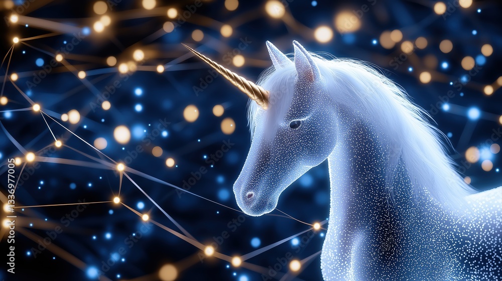 Poster vibrant unicorn with sparkling horn surrounded by a web of light in a futuristic 3d digital environm