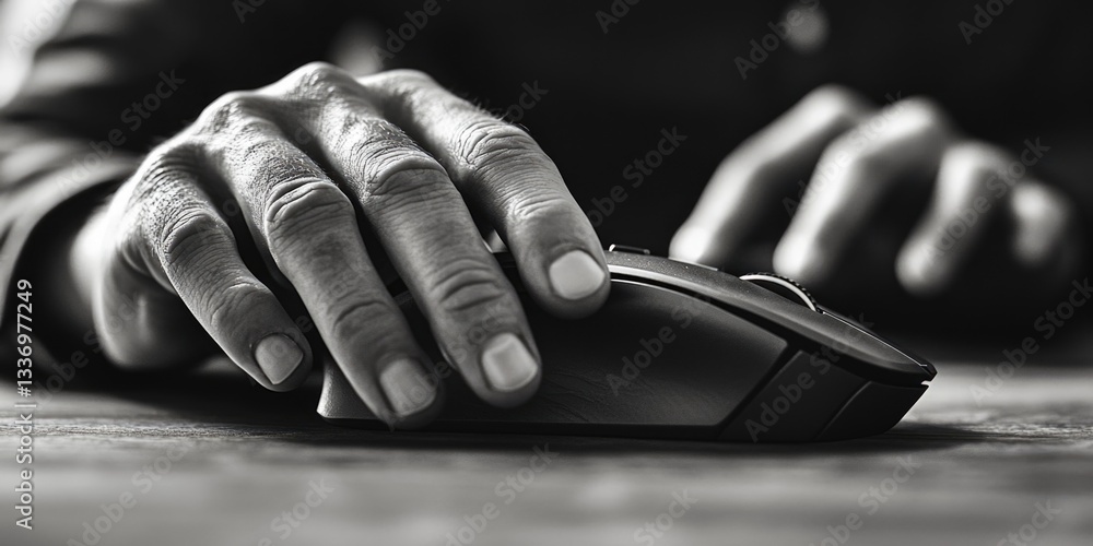 Poster close-up of a person holding a computer mouse with fingers wrapped around it