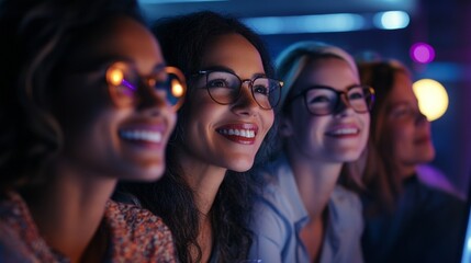 Obraz premium Group of diverse women enjoying a night out in a lively environment