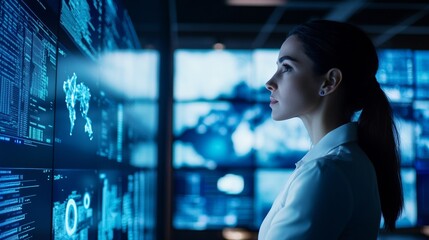 Young caucasian female analyzing data on futuristic digital screens in a dark office