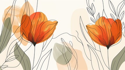 Abstract floral design with orange tulips, soft colors, and line art.  Background with abstract shapes.  Possible use social media banner