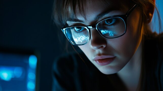 Young caucasian female hacker in glasses focused on computer screen in dark room