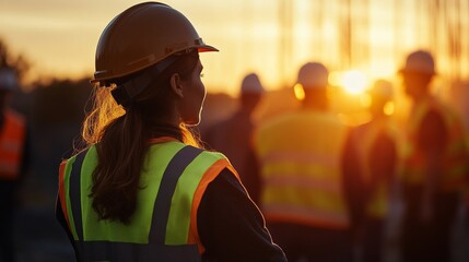 Female construction worker overseeing site at sunset