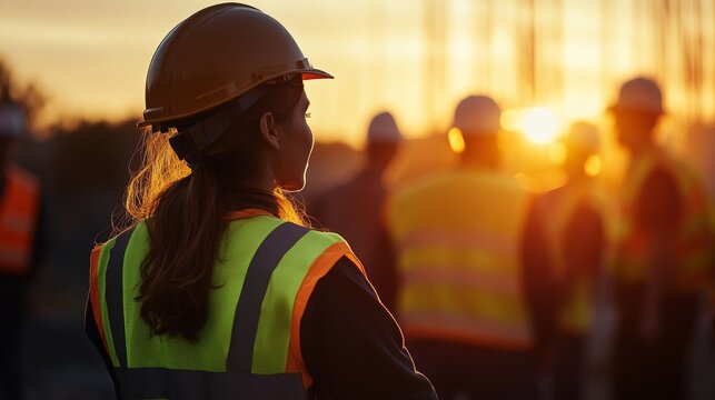 Female construction worker overseeing site at sunset