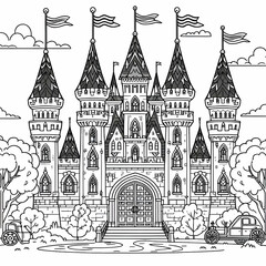 coloring page of a castle , coloring book page, clean line art, white background