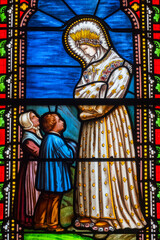 Stained glass (19th century) of The apparition of Our Lady of La Salette to the two little...
