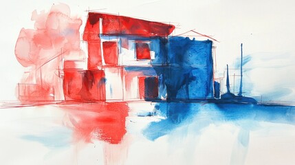 The artwork showcases an abstract representation of a building, filled with bold red and blue hues. Soft brushstrokes create a blend of colors, reflecting artistic expression