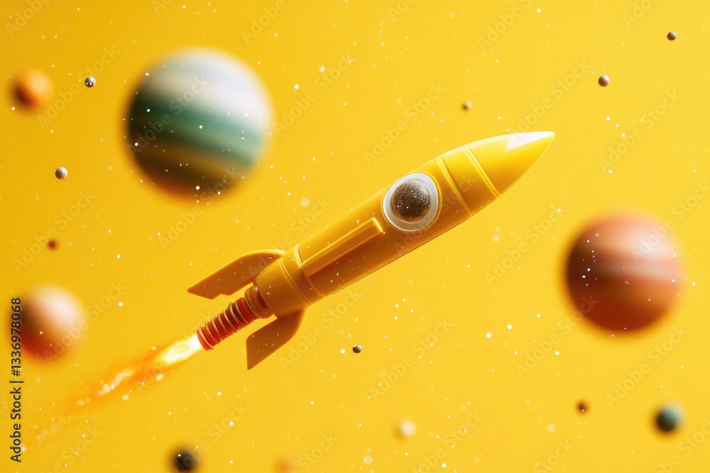 Poster a toy rocket soaring through the air against a backdrop of planets, perfect for use in illustrations