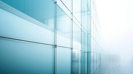 Modern glass building facade in fog