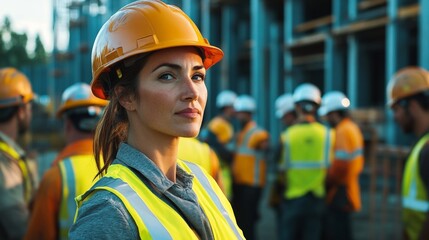 Fototapeta premium Confident female hispanic construction worker leading team at building site