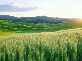 Fototapeta premium Lush Green Wheat Fields Under a Clear Sky at Sunset with Rolling Hills