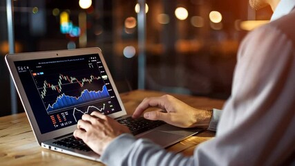 Analyzing Stock Market Data Laptop Deep Dive into Financial Graphs and Charts with Focus Trends and Indicators Dimly Lit Room, Highlighting Intensity of Late Night Trading Sessions and Persons Hands