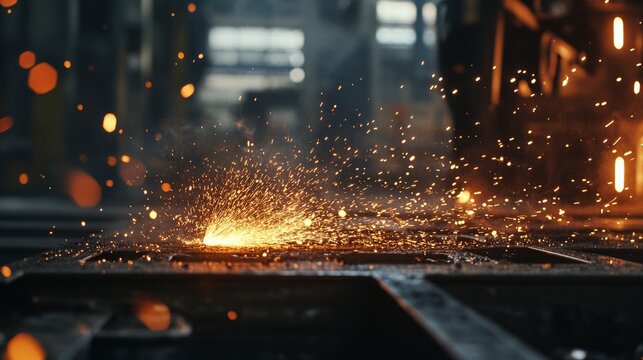 Sparks flying in industrial workshop with molten metal and machinery