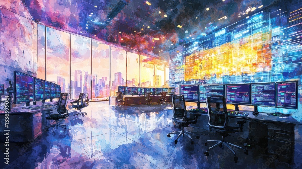 Poster a spacious digital workspace features several monitors displaying data against a stunning sunset sky