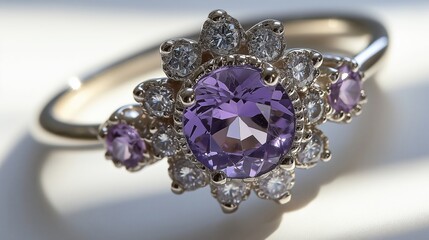 Fototapeta premium A white gold ring with a small round purple gem in the center, surrounded by clear round diamonds and light purple sapphires, with some sunlight on the white background.