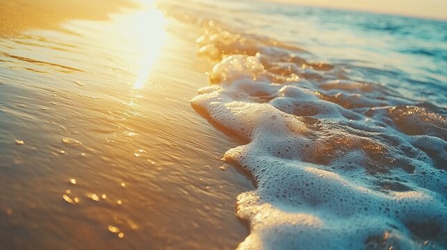 Gentle Ocean Waves Washing Over Sandy Shore Under Morning Sunlight, Evoking Calmness and Inner Peace