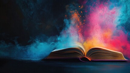 An open book on a table with colorful smoke emerging